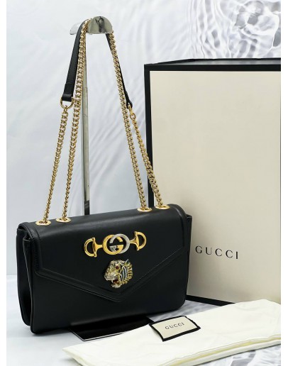 GUCCI RAJAH TIGER HEAD MEDIUM CHAIN CROSSBODY FLAP BAG IN BLACK SOFT LEATHER -FULL SET- 