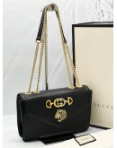 GUCCI RAJAH TIGER HEAD MEDIUM CHAIN CROSSBODY FLAP BAG IN BLACK SOFT LEATHER -FULL SET- 