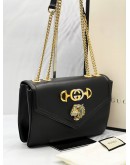 GUCCI RAJAH TIGER HEAD MEDIUM CHAIN CROSSBODY FLAP BAG IN BLACK SOFT LEATHER -FULL SET- 