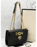 GUCCI RAJAH TIGER HEAD MEDIUM CHAIN CROSSBODY FLAP BAG IN BLACK SOFT LEATHER -FULL SET- 