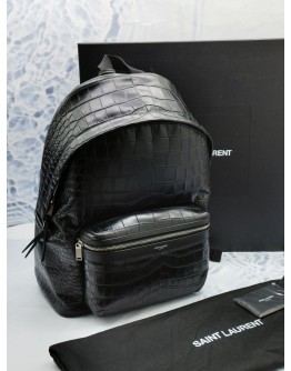 (UNUSED) 2021 YSL SAINT LAURENT CITY BACKPACK BLACK EMBOSSED CROCODILE CALFSKIN LEATHER -FULL SET-