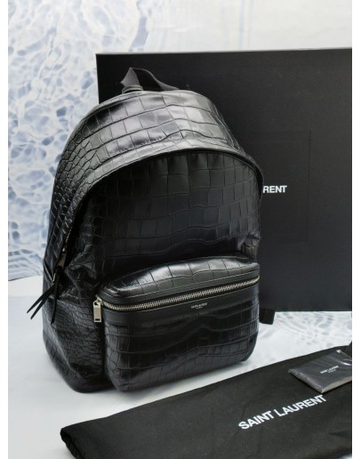 (UNUSED) 2021 YSL SAINT LAURENT CITY BACKPACK BLACK EMBOSSED CROCODILE CALFSKIN LEATHER -FULL SET-