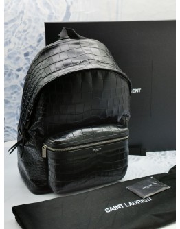 (UNUSED) 2021 YSL SAINT LAURENT CITY BACKPACK BLACK EMBOSSED CROCODILE CALFSKIN LEATHER -FULL SET-