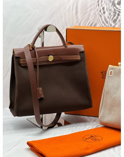 (SALE) HERMES HERBAG 31 BROWN TOILE AND LEATHER MM -FULL SET-