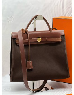 (SALE) HERMES HERBAG 31 BROWN TOILE AND LEATHER MM -FULL SET-