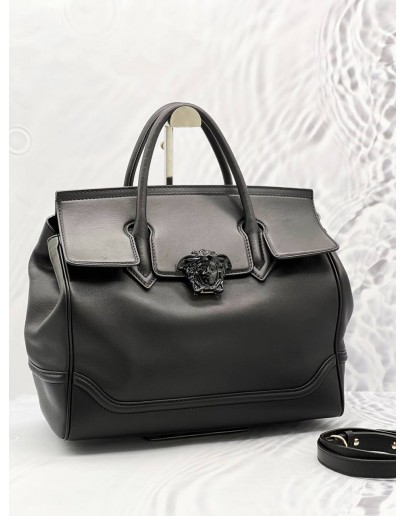 VERSACE MEDUSA EMPIRE PALAZZO BLACK LEATHER TOTE HANDLE BAG WITH STRAP 