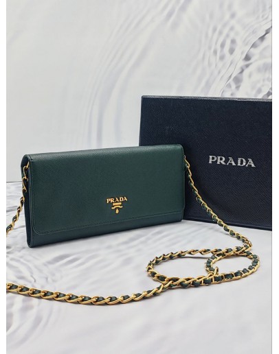 (LIKE NEW) PRADA DARK GREEN SAFFIANO LUX LEATHER CROSSBODY WALLET ON CHAIN 