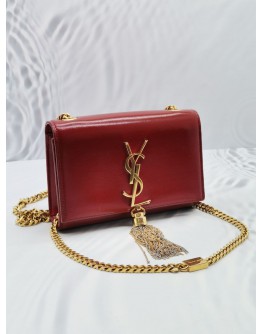 YSL SAINT LAURENT RED CALFSKIN LEATHER SMALL KATE GOLD CHAIN SLING BAG