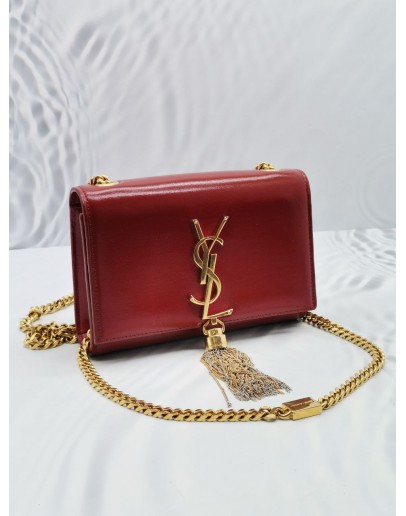 YSL SAINT LAURENT RED CALFSKIN LEATHER SMALL KATE GOLD CHAIN SLING BAG