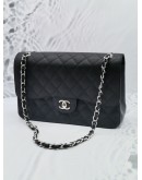 (LIKE NEW) CHANEL CLASSIC DOUBLE FLAP JUMBO BLACK CAVIAR LEATHER SILVER HARDWARE CHAIN BAG -FULL SET- 