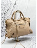 BALENCIAGA PRALINE LAMBSKIN LEATHER MEDIUM MOTORCYCLE CITY BAG IN BEIGE 