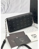 (UNUSED) 2021 MCM AREN WALLET ON CHAIN IN BLACK VISETOS MONOGRAM CANVAS / NAPPA LEATHER STRAP -FULL SET-