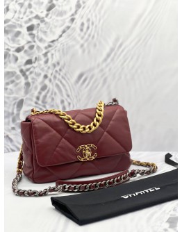 (LIKE NEW) 2023 MICROCHIP CHANEL 19 BURGUNDY PURPLE LAMBSKIN CC LOGO FLAP CROSSBODY BAG WITH 3 TONE HARDWARE