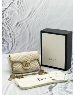 GUCCI GG MARMONT OFF WHITE CREAM MATELASSE CHEVRON LEATHER SUPER MINI GOLD HARDWARE BAG -FULL SET-