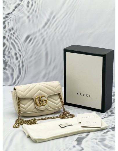 GUCCI GG MARMONT OFF WHITE CREAM MATELASSE CHEVRON LEATHER SUPER MINI GOLD HARDWARE BAG -FULL SET-