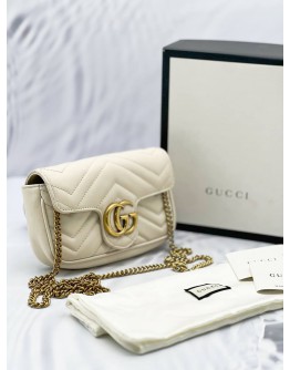 GUCCI GG MARMONT OFF WHITE CREAM MATELASSE CHEVRON LEATHER SUPER MINI GOLD HARDWARE BAG -FULL SET-