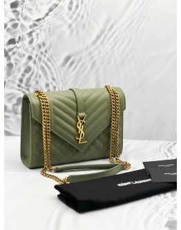 (UNUSED) YSL SAINT LAURENT ENVELOPE MEDIUM CHAIN BAG IN GREEN WITH GOLD HARDWARE -FULL SET-