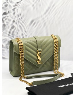 (UNUSED) YSL SAINT LAURENT ENVELOPE MEDIUM CHAIN BAG IN GREEN WITH GOLD HARDWARE -FULL SET-