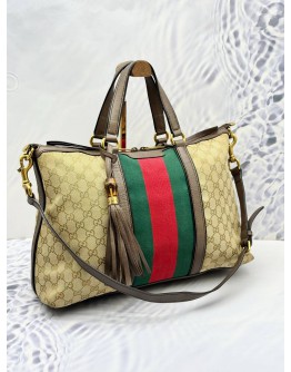 GUCCI RANIA WEB TOTE BAG WITH SHOULDER STRAP IN BEIGE GG CANVAS AND BROWN CALF LEATHER