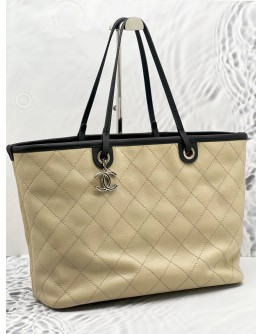 CHANEL WILD STITCH ON THE ROAD TOTE BAG IN BEIGE CAVIAR LEATHER AND BLACK CALF LEATHER