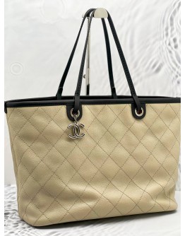 CHANEL WILD STITCH ON THE ROAD TOTE BAG IN BEIGE CAVIAR LEATHER AND BLACK CALF LEATHER