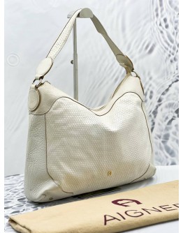 AIGNER ZIP HOBO BAG IN WHITE EMBOSSED LEATHER