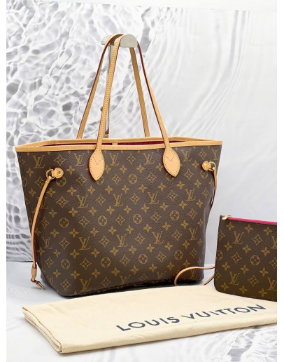 (LIKE NEW) 2024 MICROCHIP LOUIS VUITTON NEVERFULL MM MONOGRAM CANVAS WITH SMALL POUCH 