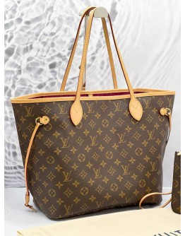 (LIKE NEW) 2024 MICROCHIP LOUIS VUITTON NEVERFULL MM MONOGRAM CANVAS WITH SMALL POUCH 