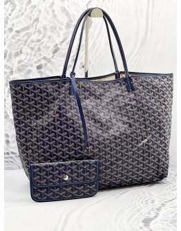 GOYARD ST. LOUIS GM TOTE SHOULDER BAG WITH NAVY BLUE GOYARDINE CANVAS / CHEVRONCHES CALFSKIN LEATHER