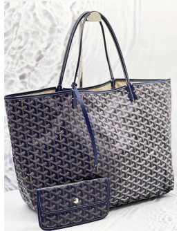 GOYARD ST. LOUIS GM TOTE SHOULDER BAG WITH NAVY BLUE GOYARDINE CANVAS / CHEVRONCHES CALFSKIN LEATHER