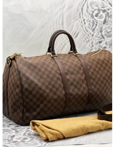 LOUIS VUITTON BANDOULIERE KEEPALL 55 BROWN DAMIER EBENE CANVAS HANDLE BAG 