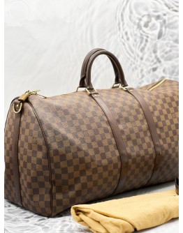 LOUIS VUITTON BANDOULIERE KEEPALL 55 BROWN DAMIER EBENE CANVAS HANDLE BAG 