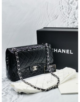 CHANEL CLASSIC JUMBO BLACK PATENTLEATHER DOUBLE FLAP BAG SILVER HARDWARE -FULL SET-