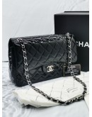 CHANEL CLASSIC JUMBO BLACK PATENTLEATHER DOUBLE FLAP BAG SILVER HARDWARE -FULL SET-