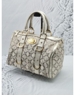 VERSACE METALLIC SILVER SIGNATURE CANVAS / LEATHER HANDLE BAG  