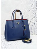 PRADA DOUBLE TOTE BAG WITH SHOULDER STRAP IN BLUE SAFFIANO LEATHER