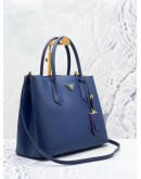 PRADA DOUBLE TOTE BAG WITH SHOULDER STRAP IN BLUE SAFFIANO LEATHER