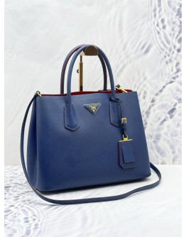 PRADA DOUBLE TOTE BAG WITH SHOULDER STRAP IN BLUE SAFFIANO LEATHER