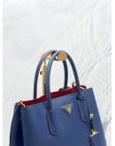 PRADA DOUBLE TOTE BAG WITH SHOULDER STRAP IN BLUE SAFFIANO LEATHER