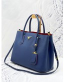 PRADA DOUBLE TOTE BAG WITH SHOULDER STRAP IN BLUE SAFFIANO LEATHER