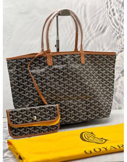 (UNUSED) 2022 GOYARD ST SAINT LOUIS PM TOTE BAG IN BLACK GOYARDINE CANVAS / BROWN LEATHER WITH SMALL POUCH