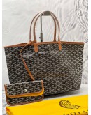 (UNUSED) 2022 GOYARD ST SAINT LOUIS PM TOTE BAG IN BLACK GOYARDINE CANVAS / BROWN LEATHER WITH SMALL POUCH