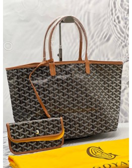 (UNUSED) 2022 GOYARD ST SAINT LOUIS PM TOTE BAG IN BLACK GOYARDINE CANVAS / BROWN LEATHER WITH SMALL POUCH