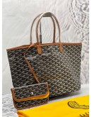 (UNUSED) 2022 GOYARD ST SAINT LOUIS PM TOTE BAG IN BLACK GOYARDINE CANVAS / BROWN LEATHER WITH SMALL POUCH