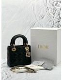 (LIKE NEW) 2023 CHRISTIAN DIOR MINI LADY DIOR BLACK CANNAGE LAMBSKIN LEATHER WITH CHAIN STRAP -FULL SET-