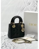 (LIKE NEW) 2023 CHRISTIAN DIOR MINI LADY DIOR BLACK CANNAGE LAMBSKIN LEATHER WITH CHAIN STRAP -FULL SET-