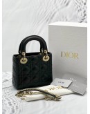 (LIKE NEW) 2023 CHRISTIAN DIOR MINI LADY DIOR BLACK CANNAGE LAMBSKIN LEATHER WITH CHAIN STRAP -FULL SET-