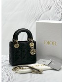 (LIKE NEW) 2023 CHRISTIAN DIOR MINI LADY DIOR BLACK CANNAGE LAMBSKIN LEATHER WITH CHAIN STRAP -FULL SET-