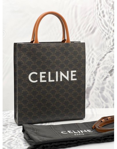 (LIKE NEW) CELINE SMALL VERTICAL CABAS TOTE HANDLE BAG IN BROWN TRIOMPHE CANVAS / CALFSKIN LEATHER 