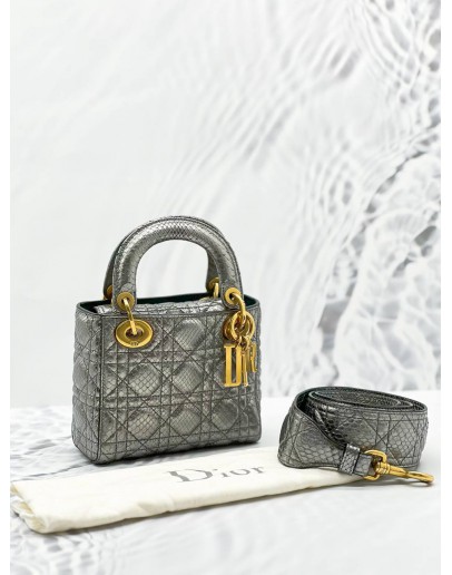 (LIKE NEW) CHRITSIAN DIOR MINI LADY DIOR LIMITED EDITION METALLIC GREY / SILVER IN PYTHON LEATHER 